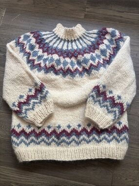 Vintage Nordic Style Circular Yoke Norwegian Cream Fair Isle HandKnit SweaterM/L
